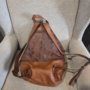 SUNDANCE CATALOG Italian Eureka Back Pack Cognac Leather Rose Pattern Bag Purse